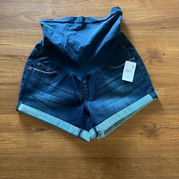 Maternity Shorts denim rolled hem belly panel‎ dark blue Size Medium - Picture 2 of 8